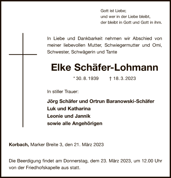 Traueranzeige von Elke Schäfer-Lohmann von WLZ