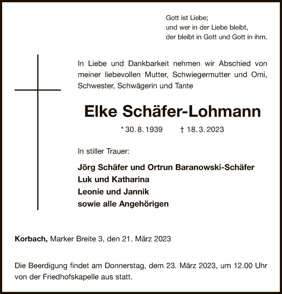  Traueranzeige für Elke Schäfer-Lohmann vom 21.03.2023 aus WLZ