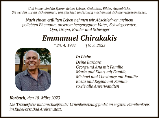 Traueranzeige von Emmanuel Chirakakis von WLZ