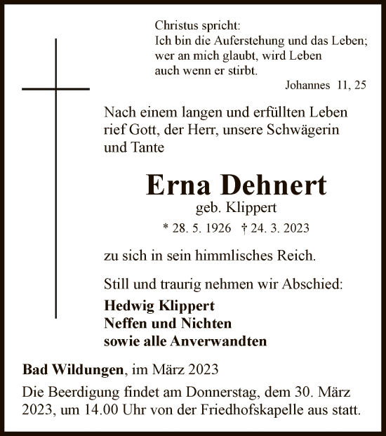 Traueranzeige von Erna Dehnert von WLZ