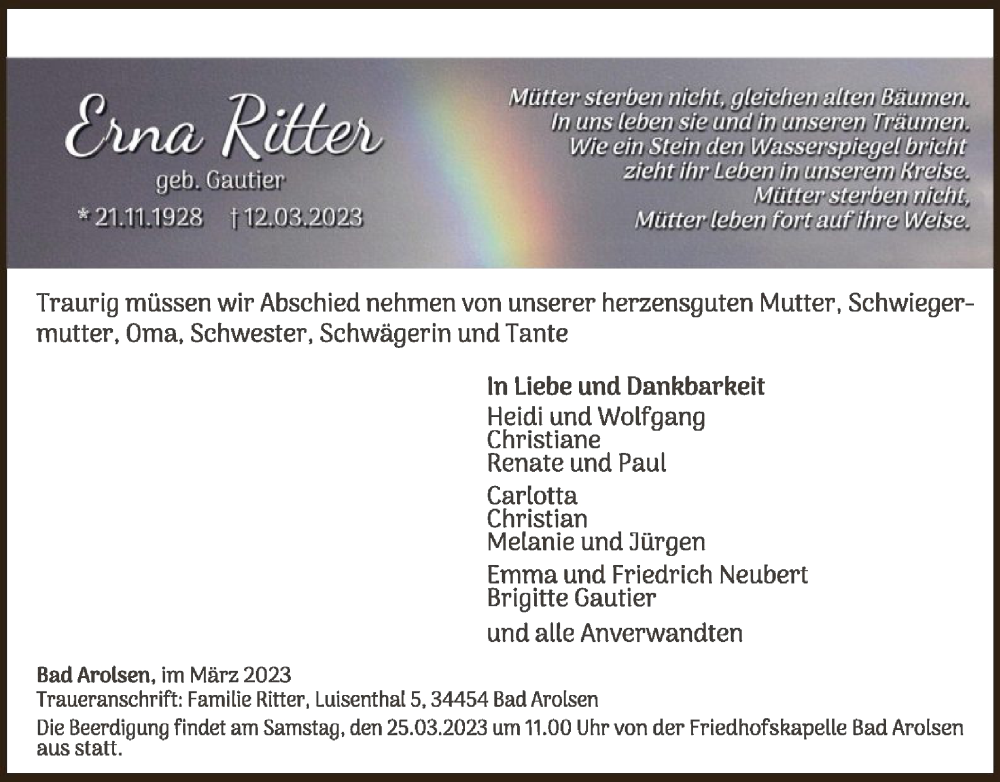  Traueranzeige für Erna Ritter vom 18.03.2023 aus WLZ