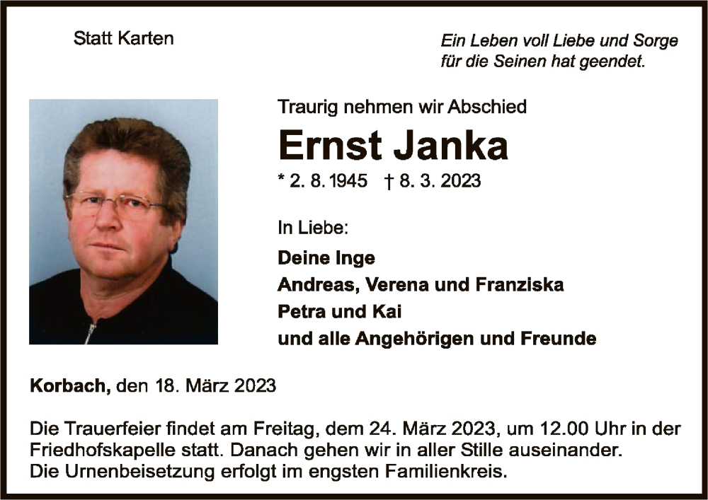  Traueranzeige für Ernst Jank vom 18.03.2023 aus WLZ