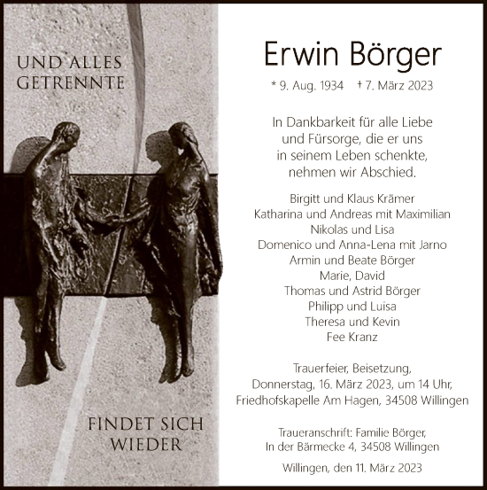 Traueranzeige von Erwin Börger von WLZ