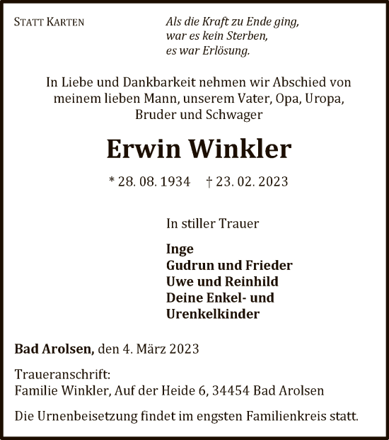 Traueranzeige von Erwin Winkler von WLZ
