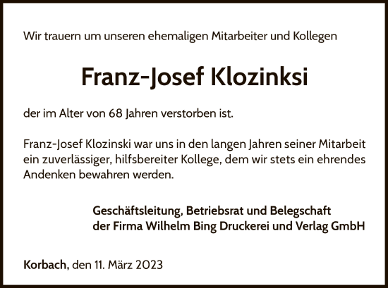 Traueranzeige von Franz-Josef Klozinksi von WLZ