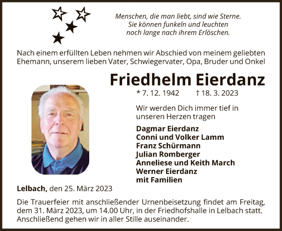 Traueranzeige von Friedhelm Eierdanz von WLZ