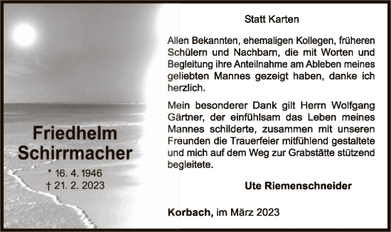 Traueranzeige von Friedhelm Schirrmacher von WLZ
