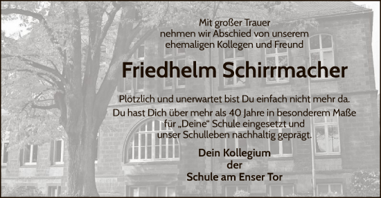 Traueranzeige von Friedhelm Schirrmacher von WLZ