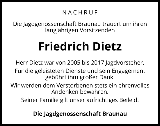 Traueranzeige von Friedrich Dietz von WLZ