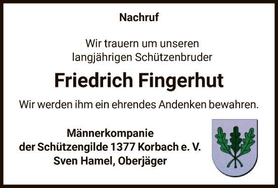 Traueranzeige von Friedrich Fingerhut von WLZ