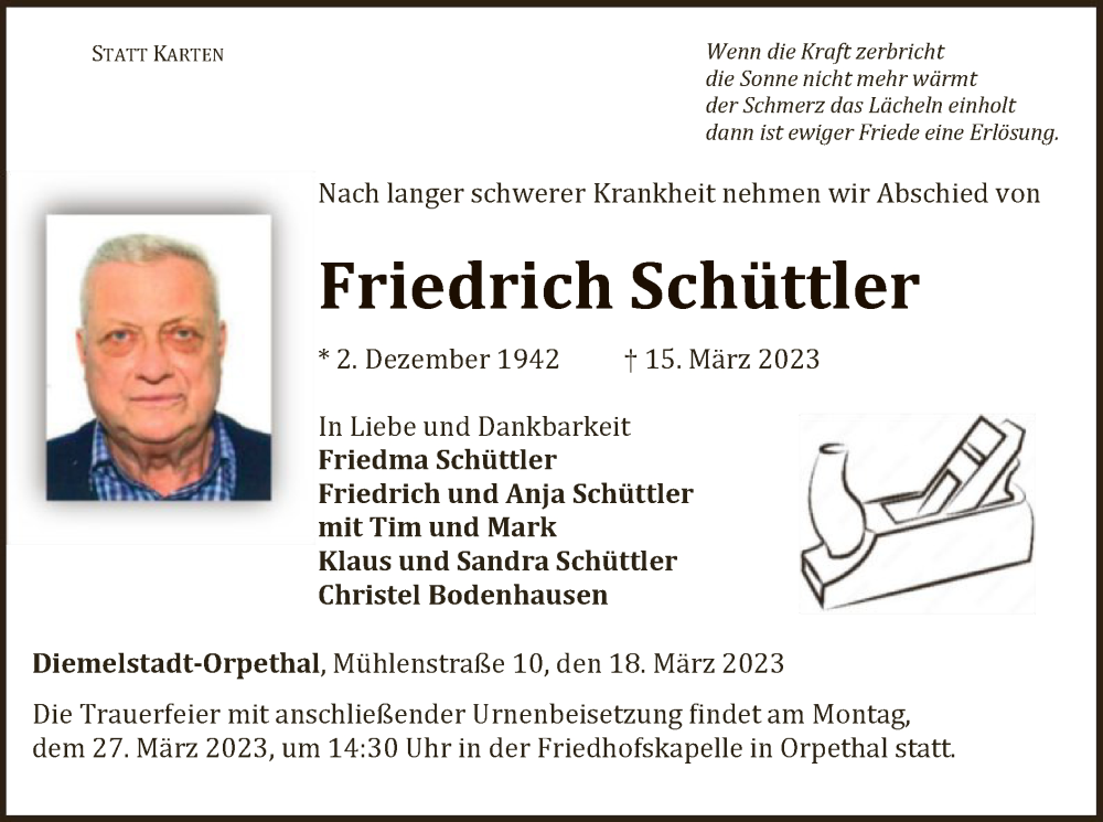  Traueranzeige für Friedrich Schüttler vom 18.03.2023 aus WLZ