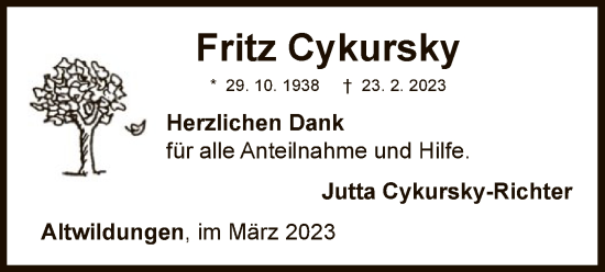 Traueranzeige von Fritz Cykursky von WLZ