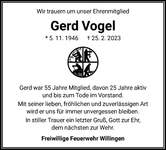 Traueranzeige von Gerd Vogel von WLZ