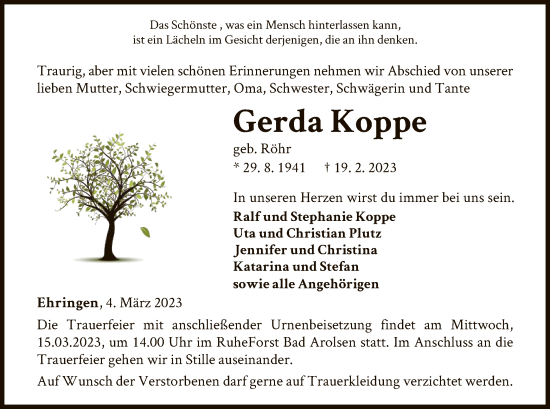 Traueranzeige von Gerda Koppe von WLZ