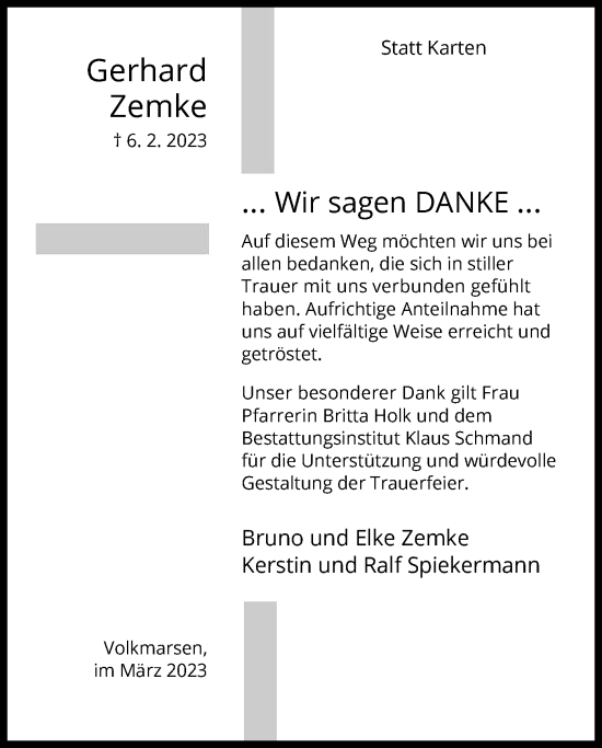 Traueranzeige von Gerhard Zemke von WLZ