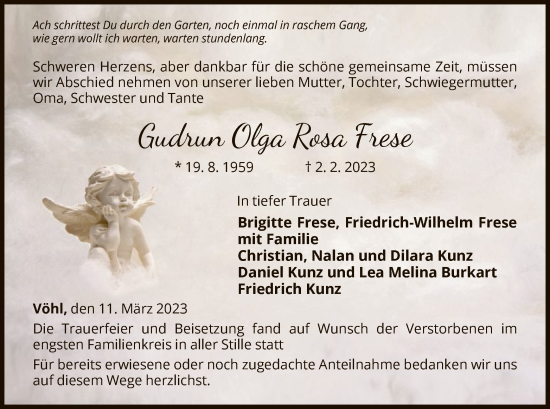 Traueranzeige von Gudrun Olga Rosa Frese von WLZ