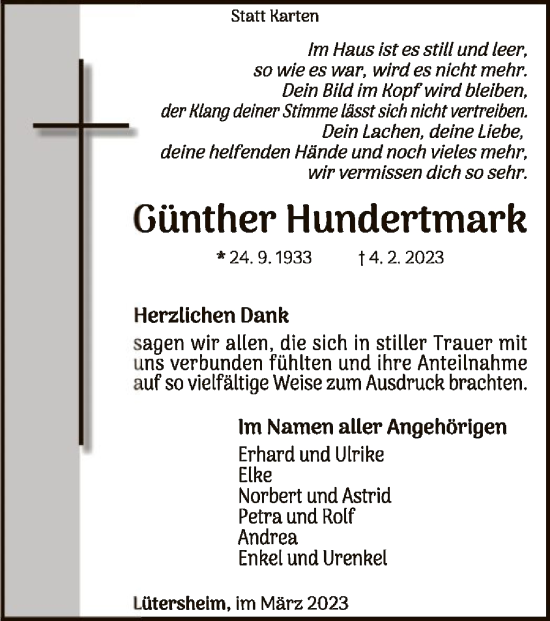 Traueranzeige von Günther Hundertmark von WLZ