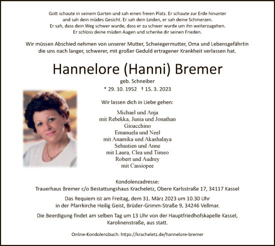 Traueranzeige von Hannelore  Bremer von WLZ