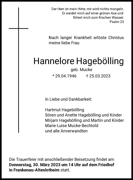 Traueranzeige von Hannelore Hagebölling von HNA