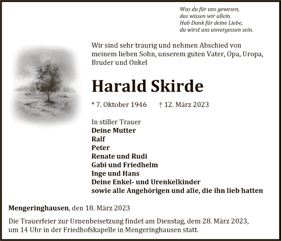 Traueranzeige von Harald Skirde von WLZ