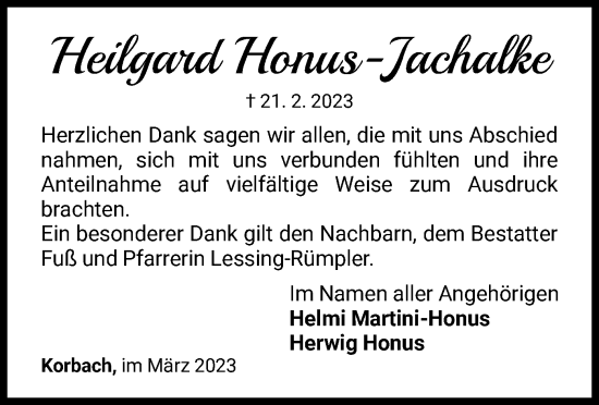 Traueranzeige von Heilgard Honus-Jachalke von WLZ