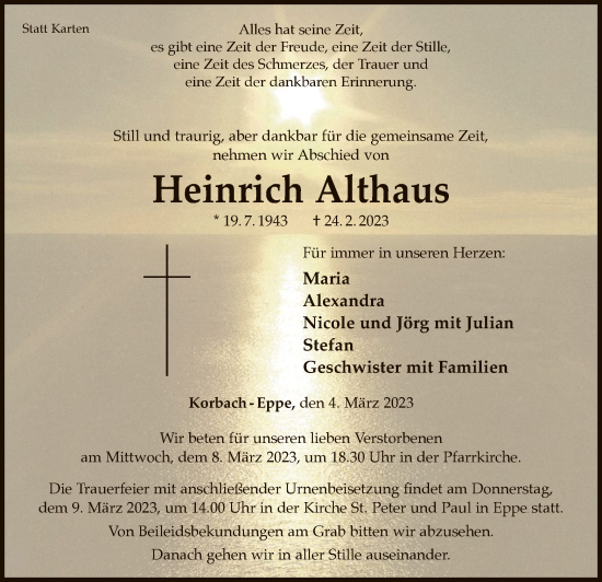 Traueranzeige von Heinrich Althaus von WLZ