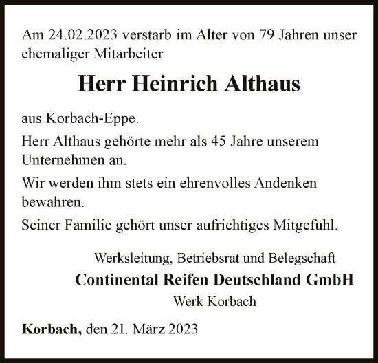 Traueranzeige von Heinrich Althaus von WLZ