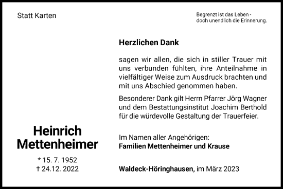 Traueranzeige von Heinrich Mettenheimer von WLZ