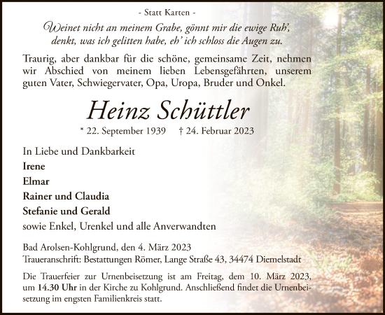 Traueranzeige von Heinz Schüttler von WLZ