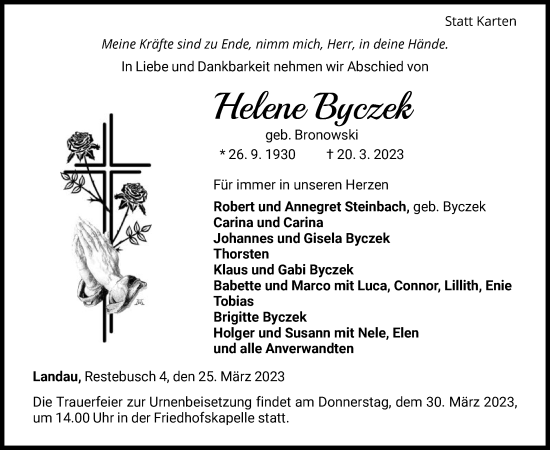 Traueranzeige von Helene Byczek von WLZ