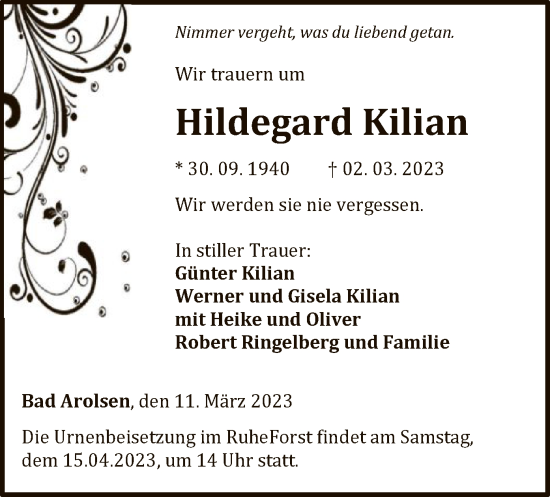 Traueranzeige von Hildegard Kilian von WLZ
