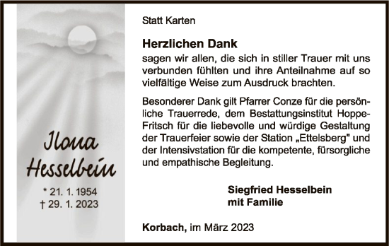 Traueranzeige von Ilona Hesselbein von WLZ