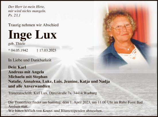 Traueranzeige von Inge Lux von WLZ