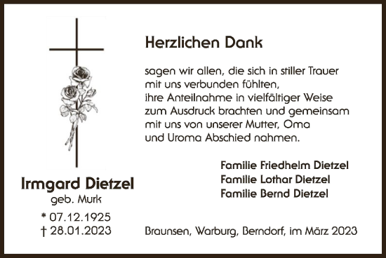 Traueranzeige von Irmgard Dietzel von WLZ