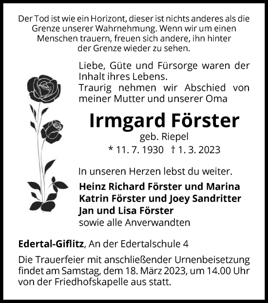 Traueranzeige von Irmgard Förster von WLZ