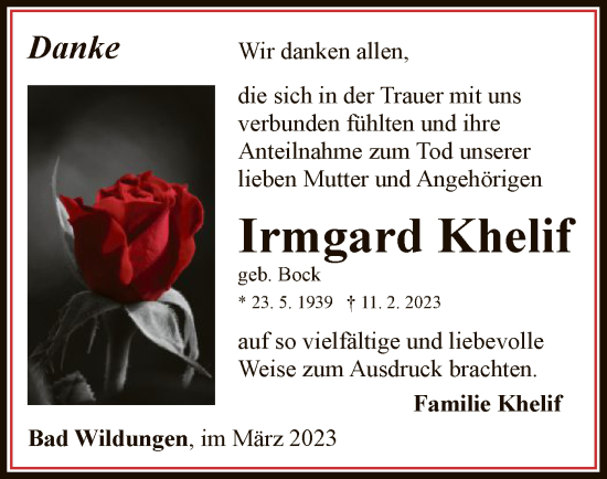 Traueranzeige von Irmgard Khelif von WLZ