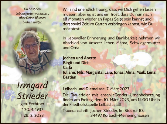 Traueranzeige von Irmgard Strieder von WLZ