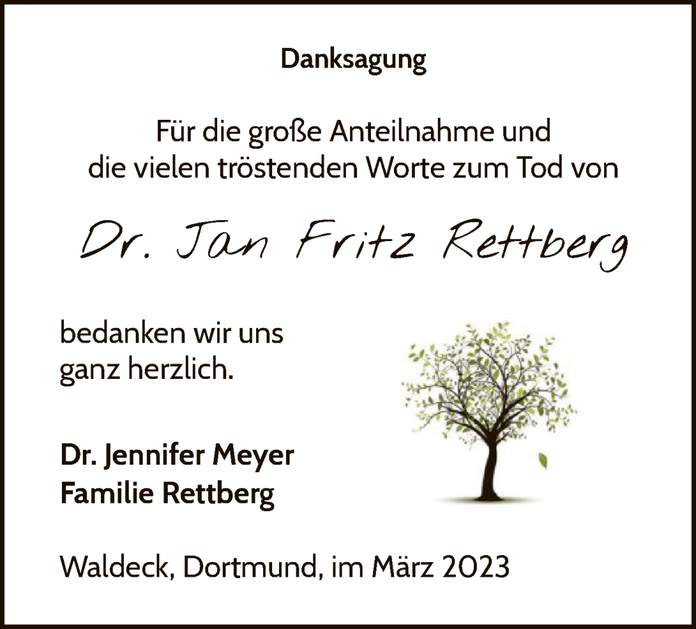  Traueranzeige für Jan Fritz Rettberg vom 18.03.2023 aus WLZ