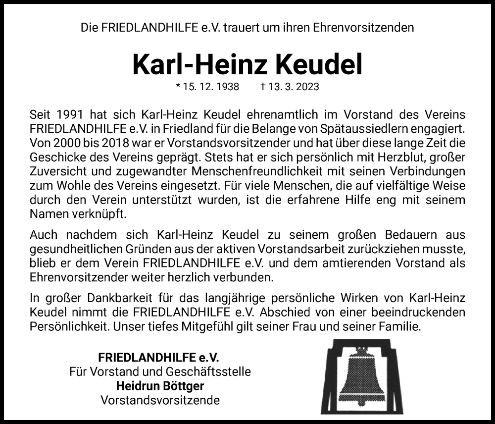  Traueranzeige für Karl-Heinz Keudel vom 18.03.2023 aus WLZ