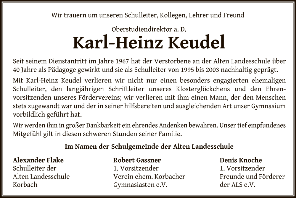  Traueranzeige für Karl-Heinz Keudel vom 18.03.2023 aus WLZ