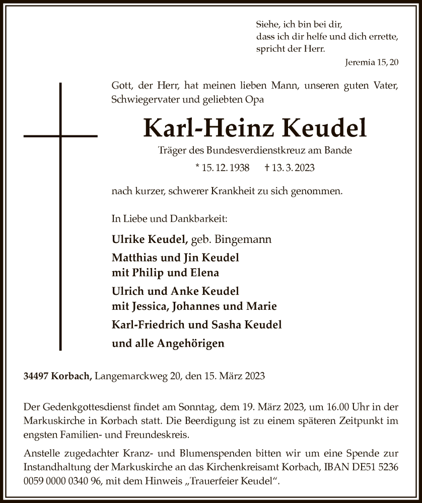  Traueranzeige für Karl-Heinz Keudel vom 15.03.2023 aus WLZ