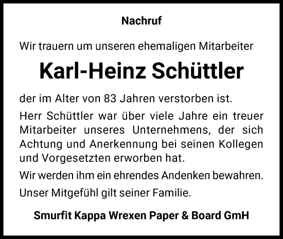 Traueranzeige von Karl-Heinz Schüttler von WLZ