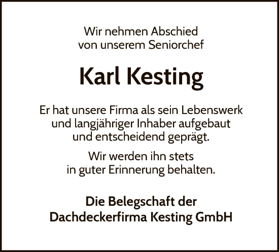 Traueranzeige von Karl Kesting von WLZ