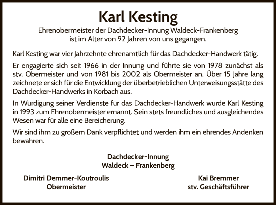 Traueranzeige von Karl Kesting von WLZ