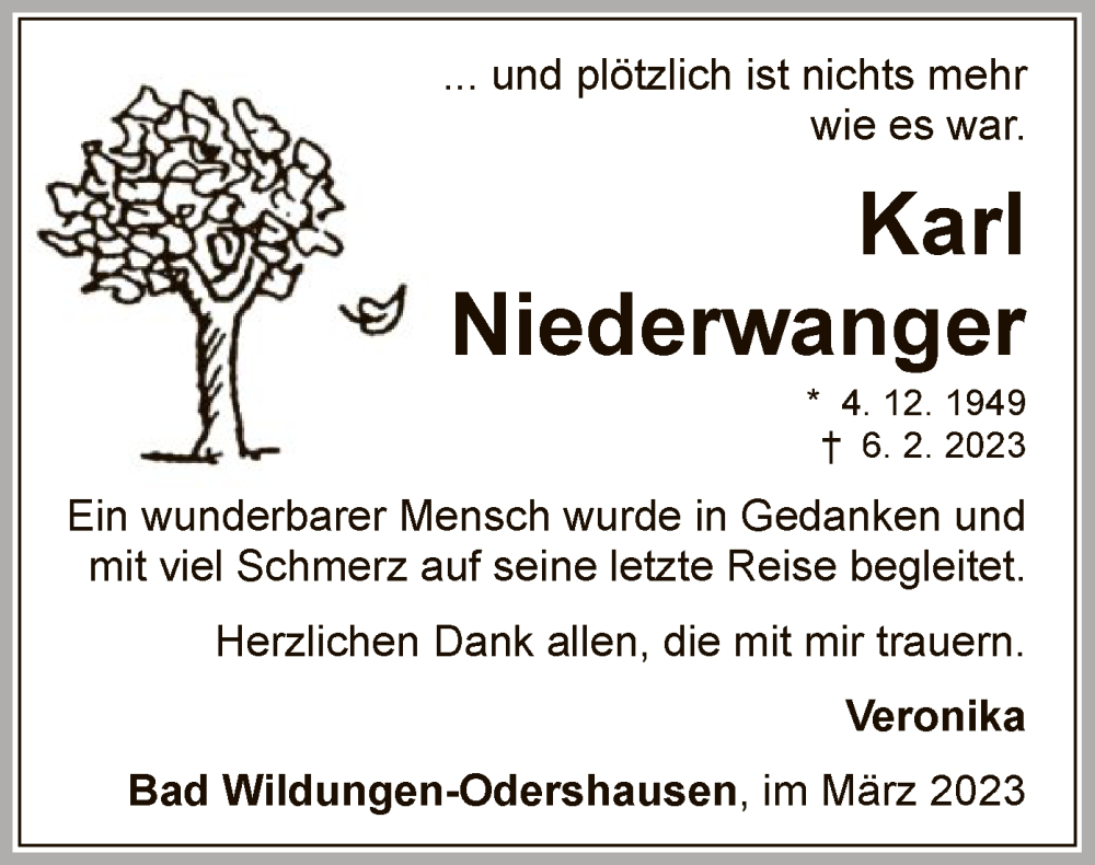  Traueranzeige für Karl Niederwanger vom 18.03.2023 aus WLZ
