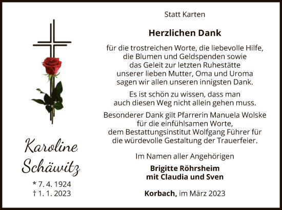 Traueranzeige von Karoline Schäwitz von WLZ