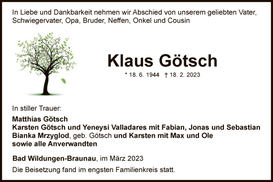 Traueranzeige von Klaus Götsch von WLZ