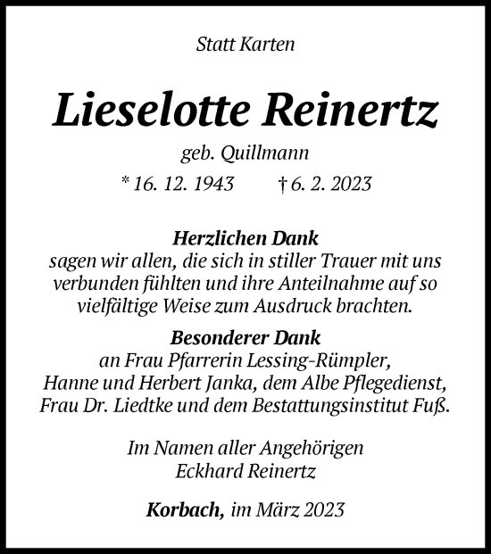 Traueranzeige von Lieselotte Reinertz von WLZ