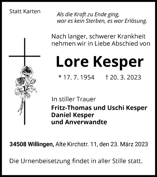 Traueranzeige von Lore Kesper von WLZ