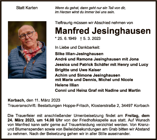 Traueranzeige von Manfred Jesinghausen von WLZ